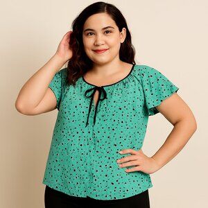 Pure Energy Women's Blouse Button Up Flutter Sleeves Plus 14-16 Polka Dots Green